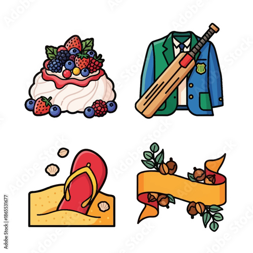 A collection of four distinct vector illustrations: a berry dessert, a cricket uniform with bat, a flip-flop in sand, and an oak leaf banner.