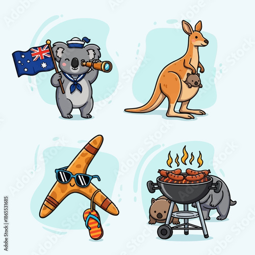 Cartoon illustrations of Australian animals and cultural symbols, including a koala with a flag, a kangaroo with a joey, a boomerang, and a barbecue with a wombat.