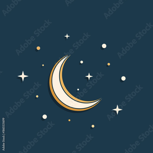 Crescent Moon and Stars on Dark Blue Night Sky - Celestial Illustration