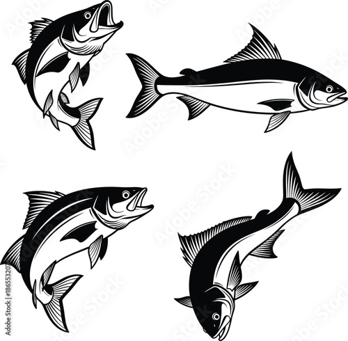 Black and white fish vector set featuring salmon and bass in jumping and swimming poses for fishing tournament logos.