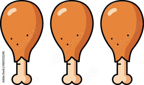 Three fried chicken drumsticks vector illustration set in modern flat cartoon style isolated on white background for food icons.