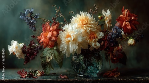 A lush still life of vibrant floral arrangement in a vintage vase
