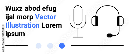 Microphone and headset with text elements, emphasizing audio-focused communication tools. Ideal for podcasting, support, streaming, recording, tutorials, audio branding, simple landing page