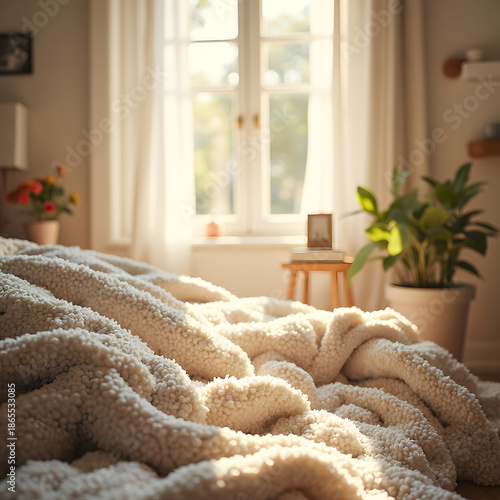 Cozy Lifestyle Background with Soft Sunlight Through Window, Neutral Warm Tones, High-Resolution Stock Photo