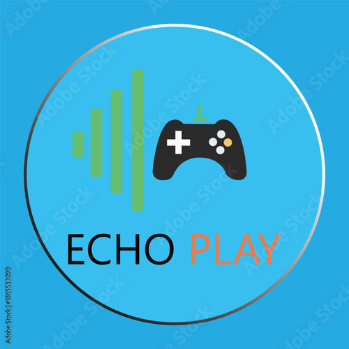 Echo Play Gaming Logo Design with Video Game Controller and Green Audio Waveform Icon on Blue Background