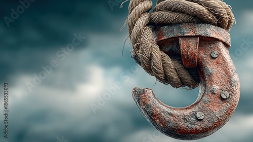 Close-up of a weathered, rusty hook and rope against a stormy sky