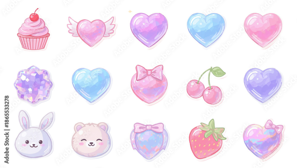 Obraz premium Adorable Pastel Pink and Blue Heart-Themed Stickers and Sweet Elements Collection with Glitter Accents, Perfect for Digital Scrapbooking, Invitations, and Kawaii-Inspired Designs