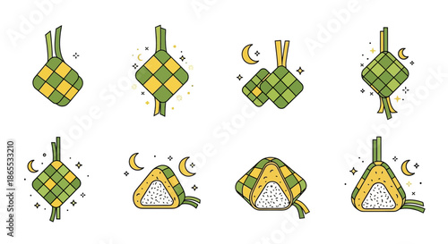 Set of Ketupat icons and illustrations in a festive and traditional style