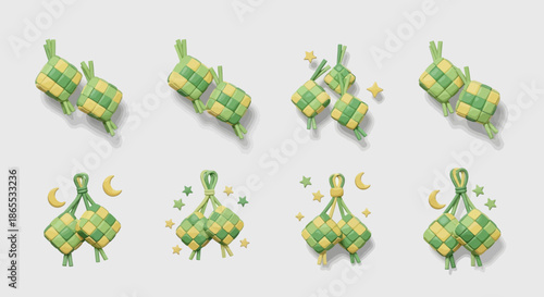 Ketupat Decorations with Moon and Stars, Ramadan and Eid Al-Fitr Celebration Symbols