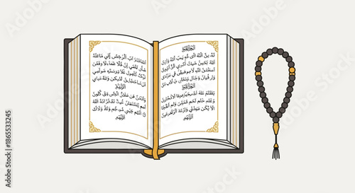 Open holy book with Islamic prayer beads, symbolizing faith and devotion