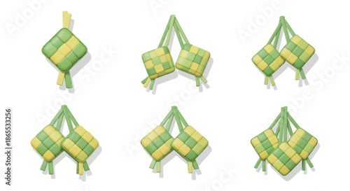 Illustrative set of traditional woven rice dumplings made from palm leaves, symbolizing festive celebrations and cultural heritage in Southeast Asia