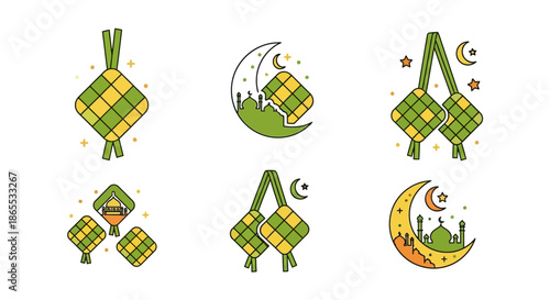 Festive Ketupat Illustrations with Islamic Crescent Moon and Mosque Motifs for Religious Holiday Celebrations, a Symbol of Tradition and Joy