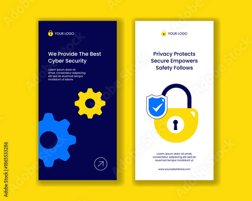 Vertical Banner Illustration with Data Privacy and Cyber Security Flat Cartoon Hand Drawn Style