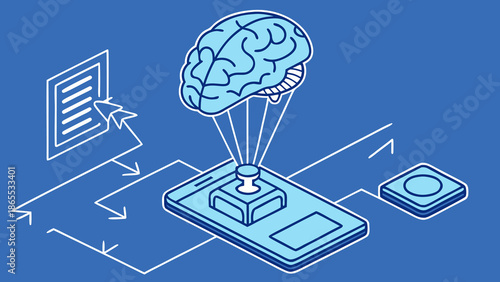 Futuristic glowing blue digital brain hologram with neural network in dark tech environment