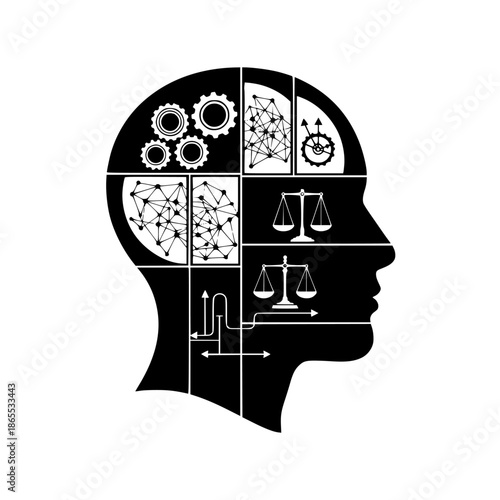 head silhouette divided into sections with gears, networks, and scales, representing cognitive processes