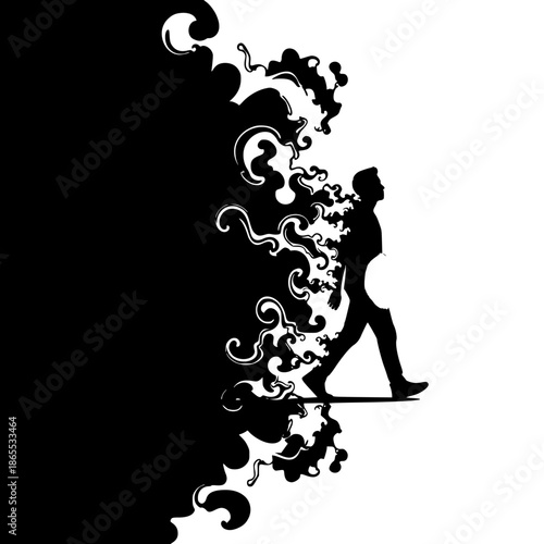 walking figure silhouette emerging from abstract smoke