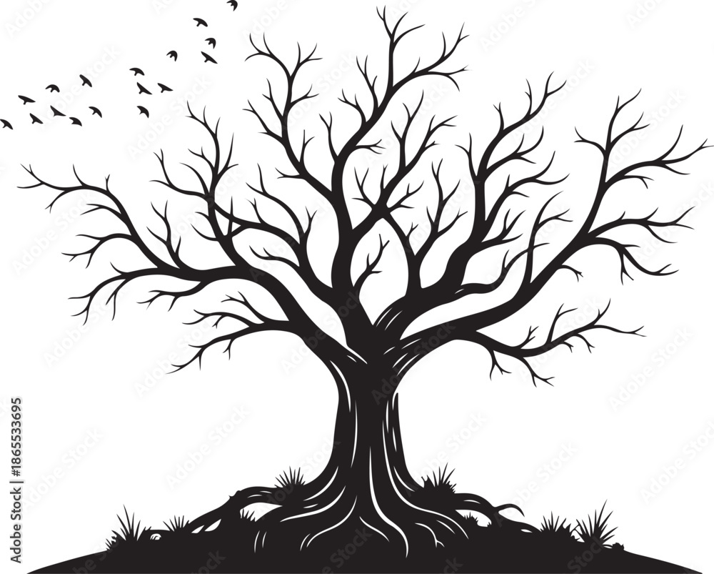 Obraz premium A tree with birds flying in the sky 