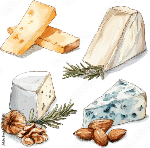 Cheese type collection, hand-drawn watercolor vector.