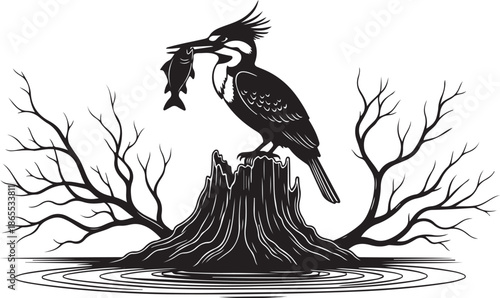 Kingfisher Bird Hunting Silhouette Vector