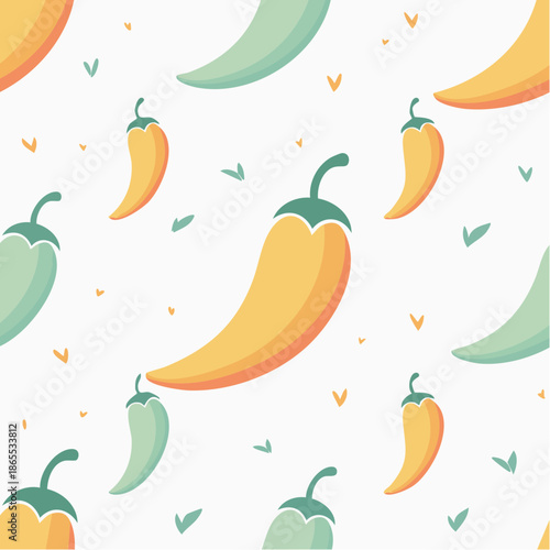 Vibrant peppers and leaves pattern on a clean white background from a direct viewpoint