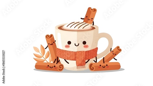 Cute cartoon hot drink mug with scarf and happy cinnamon sticks, surrounded by autumn leaves, creating a cozy seasonal illustration