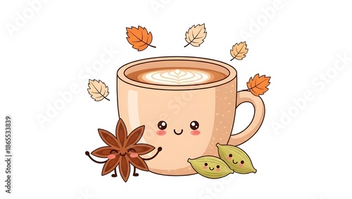 Cozy Autumn Spice Latte with Star Anise and Cardamom Pods Illustration