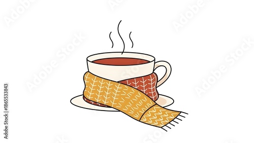 A charming illustration of a steaming hot beverage in a mug, cozily wrapped in a warm knitted scarf, evoking feelings of comfort and warmth during chilly seasons or a relaxing moment