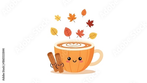 Cute Kawaii Autumn Pumpkin Spice Latte with Cinnamon Sticks and Falling Leaves
