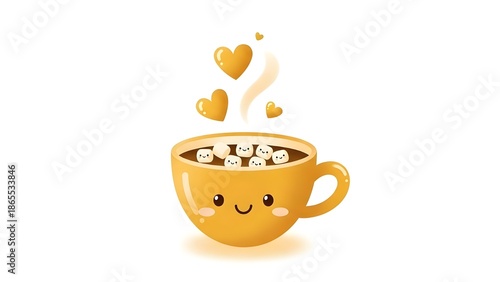 Delightful illustration of a happy cartoon cup filled with a warm beverage and fluffy marshmallows, adorned with loving hearts, evoking feelings of coziness and affection