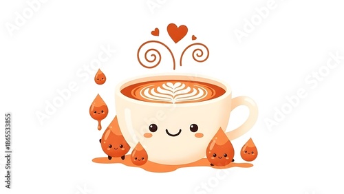 Adorable Cartoon Coffee Cup with Cute Heart Steam and Dripping Elements, A Whimsical and Charming Illustration of a Happy Beverage