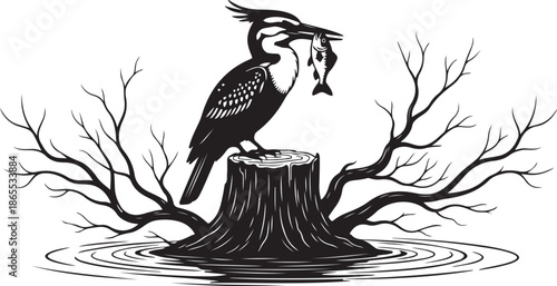 Kingfisher Bird Hunting Silhouette Vector