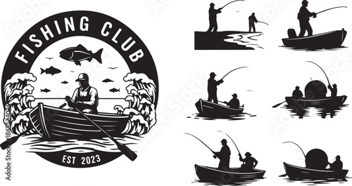 set of silhouettes of boats man fishing on the river