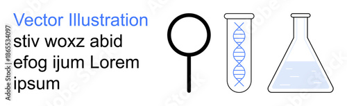 Scientific research, biotechnology, lab analysis, education, medical investigations, STEM learning. A magnifying glass, DNA test tube and chemical flask. Scientific research biotechnology ideas