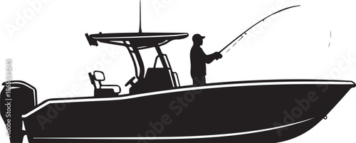 High-Contrast Black and White Silhouette of a Sport Fishing Boat Creating a Wake, Flat Vector Illustration