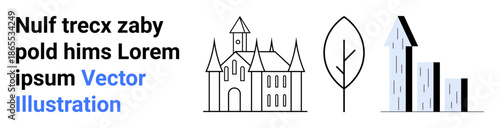 Urban planning, architecture , tourism, property development, nature preservation, modern infrastructure. A castle, tree and tall buildings with text placeholder. Urban planning and architecture