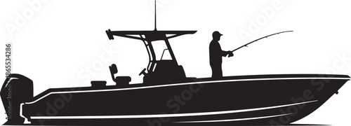 High-Contrast Black and White Silhouette of a Sport Fishing Boat Creating a Wake, Flat Vector Illustration