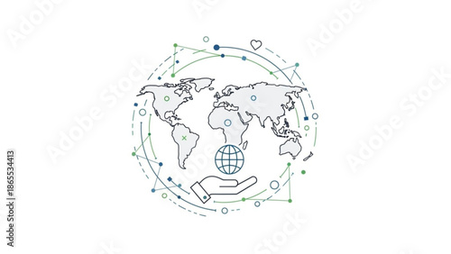 Global connectivity and care concept with hand holding earth surrounded by network lines and dots on white background with sustainability and environment