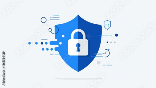 Blue shield with white padlock and various security symbols around it, representing protection and safety online with cyber and digital and technology