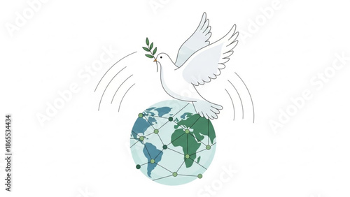 White dove flying over globe with olive branch symbolizing peace and global connection with hope and harmony and unity and sustainability and earth
