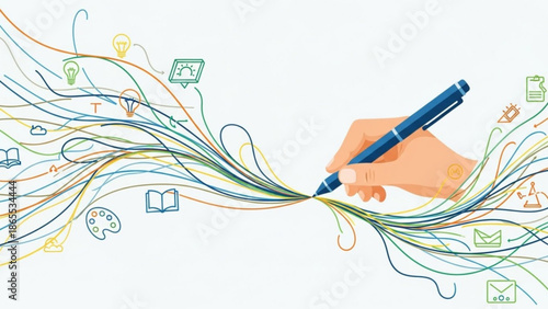 Hand holding pen creating colorful swirling lines and symbols representing creativity and inspiration for writing and art on white background