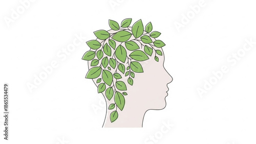 A creative illustration of a human head with green leaves growing out of it symbolizing growth and harmony with nature with symbolic and serenity