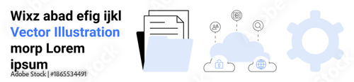 Digital collaboration, cloud storage, app development, data sharing, file management, technology services. Multiple documents, cloud icons and gear symbol. Digital collaboration and cloud storage