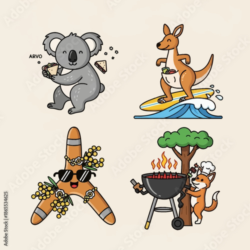 Cute cartoon illustrations of Australian icons: a koala eating avocado toast, a kangaroo surfing, a boomerang with sunglasses, and a fox grilling.