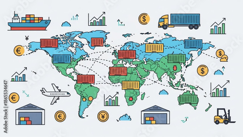 Global logistics and transportation network with shipping containers, cargo ships, trucks, airplanes, and warehouses around the world map with financial symbols