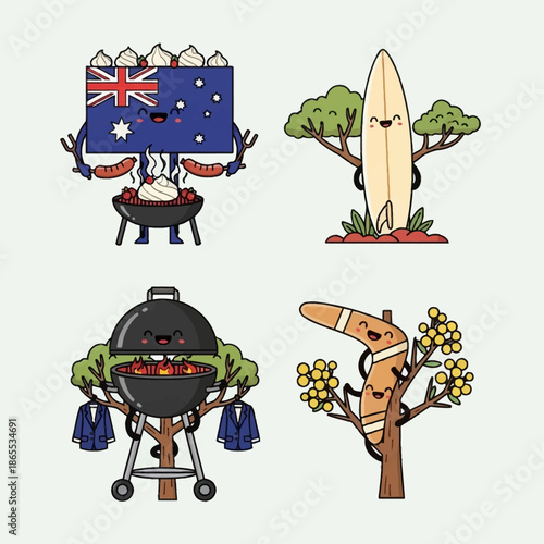 Four charming cartoon illustrations of Australian icons, including a flag with sausages on a barbecue, a surfboard with arms and legs, a barbecue with suits, and a boomerang on a tree.