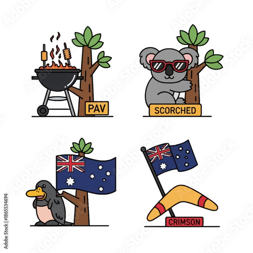 Four cartoon illustrations depicting Australian themes, including a barbecue, a koala, a platypus with a flag, and a boomerang.