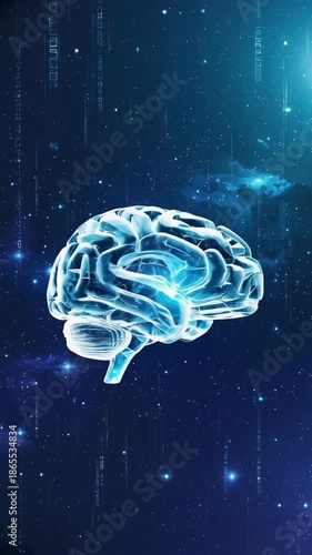 Glowing blue brain with digital elements in a starry night sky background