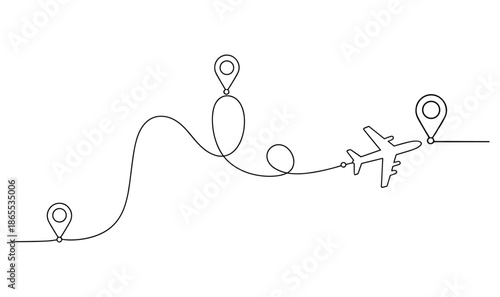 Airplane flying on a dotted line path with three location pins flight travel journey.