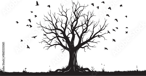 A tree with birds flying in the sky 