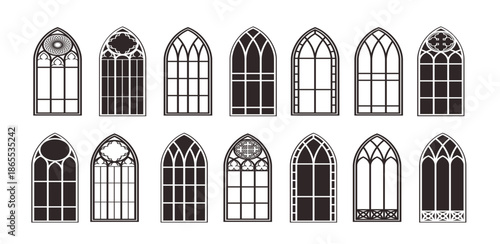 gothic windows outline set silhouette of vintage stained